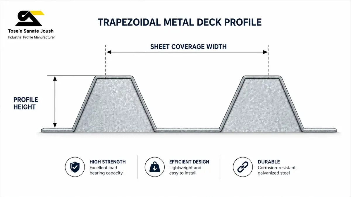 Steel deck profile cross-section showing ribs, pitch and depth