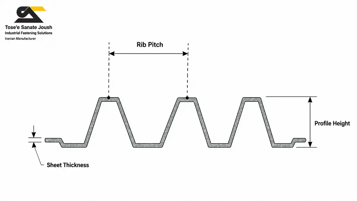 Steel deck profile diagram showing rib pitch, profile height, and sheet thickness dimensions